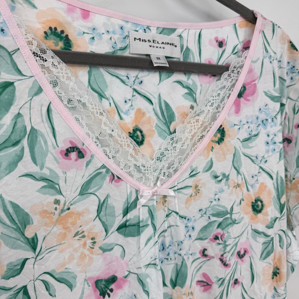 Miss Elaine Floral Nightgown 3X 2X 100% Cotton Short Sleeve Lightweight Lace - Picture 3 of 7